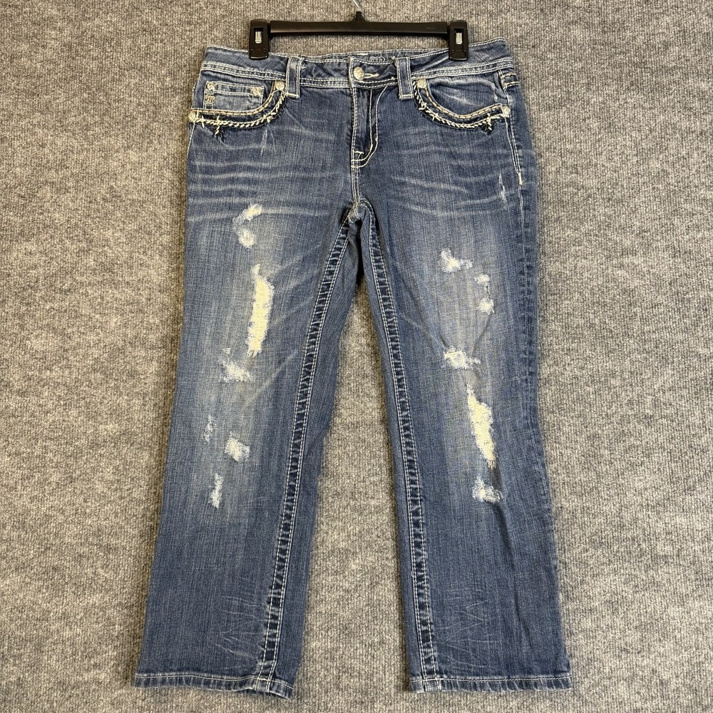 Miss Me Cropped Jeans Women 31 Blue Distressed Bootcut Thick Stitch Flap pockets